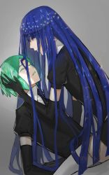 Rule 34 | 2others, androgynous, bad id, bad twitter id, blue eyes, blue hair, blunt bangs, closed eyes, colored eyelashes, dual persona, elbow gloves, gem uniform (houseki no kuni), gloves, green hair, highres, hime cut, holding another&#039;s head, houseki no kuni, lapis lazuli (houseki no kuni), light smile, long hair, multiple others, necktie, phosphophyllite, short hair, sitting, sitting on lap, sitting on person, spoilers, thighhighs, time paradox