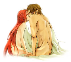 Rule 34 | ass, bare back, bed, bed sheet, brown hair, closed eyes, couple, fire emblem, fire emblem: path of radiance, fire emblem: radiant dawn, haar (fire emblem), holding hands, jill (fire emblem), kiss, long hair, midriff, nintendo, nude, red eyes, red hair, short hair, sitting, under covers, very long hair, wyvern rider