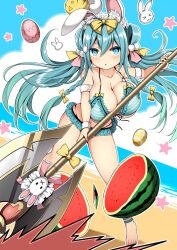 Rule 34 | 1girl, animal ears, axe, barefoot, battle axe, beach, bikini, blush, bow, braid, breasts, cleavage, cloud, day, easter egg, egg, food, fruit, hair between eyes, hair bow, hair ornament, highres, holding, holding weapon, kuromayu, large breasts, long hair, looking at viewer, original, outdoors, parted lips, pom pom (clothes), pom pom hair ornament, rabbit ears, side braids, sky, solo, standing, star (symbol), striped bikini, striped clothes, swimsuit, twintails, very long hair, watermelon, weapon, yellow bow