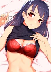 Rule 34 | 1girl, bare shoulders, bed sheet, black sweater, bra, breasts, cleavage, clothes lift, frilled bra, frills, hi iro, lifting own clothes, long hair, looking at viewer, lying, medium breasts, navel, on back, on bed, original, parted lips, purple hair, red bra, red eyes, ribbed sweater, solo, sweater, sweater lift, sweater vest, underwear