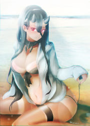 Rule 34 | 1girl, abyssal ship, battleship princess, battleship summer princess, beach, bikini, black bikini, black hair, blush, breasts, closed mouth, hair between eyes, hi ye, highres, horns, jacket, kantai collection, large breasts, long hair, looking at viewer, ocean, red eyes, sitting, solo, swimsuit, tan, white jacket