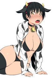 Rule 34 | 1girl, animal ears, arm support, bell, bikini, black bikini, black hair, black thighhighs, blush, breasts, choker, cleavage, cow ears, cow horns, cowbell, curvy, fake animal ears, fake horns, female focus, hairband, highres, horns, jacket, kemuri haku, large breasts, looking at viewer, lying, md5 mismatch, neck bell, open mouth, saliva, short hair, side-tie bikini bottom, simple background, sitting, solo, string bikini, swimsuit, thick thighs, thighhighs, thighs, white background, wide hips, yellow eyes