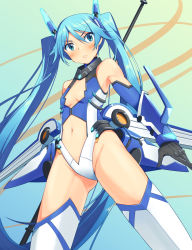 Rule 34 | 1girl, armor, armpits, bad id, bad pixiv id, bare shoulders, black gloves, blue eyes, blue hair, blush, bodysuit, breasts, cleavage cutout, clothing cutout, cowboy shot, crotch, elbow gloves, faulds, flat chest, from below, fumiya-taketatsu, furrowed brow, gloves, gorget, gradient background, groin, hair between eyes, halterneck, headgear, highleg, highleg leotard, legs apart, leotard, long hair, looking at viewer, magical girl, matching hair/eyes, mecha musume, midriff, navel, navel cutout, neon trim, ore twintail ni narimasu, parted lips, polearm, revealing clothes, small breasts, solo, tailblue, thighhighs, tsube aika, twintails, vambraces, very long hair, weapon, white thighhighs