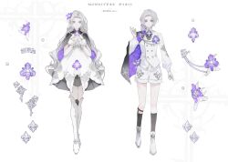 Rule 34 | 1boy, 1girl, absurdres, ascot, black ascot, black capelet, black socks, boots, brooch, capelet, chinese commentary, cleavage cutout, clothing cutout, commentary, cross, dress, eoo eewei, fleur-de-lis, flower, flower brooch, full body, gloves, hair flower, hair ornament, highres, interlocked fingers, iris (flower), jacket, jewelry, knee boots, kneehighs, layered dress, limited palette, long hair, looking at viewer, low ponytail, medium hair, original, own hands together, parted bangs, puffy sleeves, purple eyes, purple flower, shorts, side cape, simple background, socks, straight-on, two-sided fabric, white background, white dress, white footwear, white gloves, white hair, white jacket, white shorts