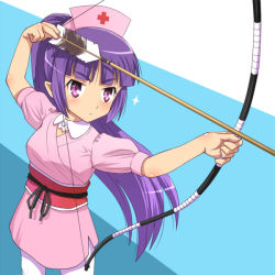 Rule 34 | blush, bow (weapon), hat, meow (nekodenki), nurse, nurse cap, original, ponytail, purple eyes, purple hair, solo, weapon