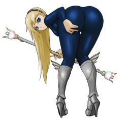 Rule 34 | 1girl, :&lt;, absurdres, armor, ass, bent over, birren, blonde hair, blue eyes, bodysuit, eyelashes, from behind, full body, greaves, hairband, high heels, highres, league of legends, long hair, looking back, lux (league of legends), pigeon-toed, skin tight, solo, wand, white background