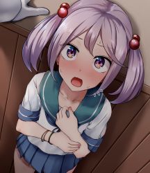 Rule 34 | 1boy, 1girl, admiral (kancolle), against wall, blue sailor collar, blue skirt, blush, collarbone, flying sweatdrops, gloves, hair bobbles, hair ornament, hand over heart, highres, kabedon, kantai collection, looking at viewer, nose blush, open mouth, pink eyes, pink hair, sailor collar, sazanami (kancolle), school uniform, serafuku, short sleeves, short twintails, skirt, solo focus, sugamo (rainysnowy108), sweat, twintails, white gloves