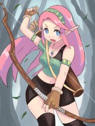 Rule 34 | 1girl, arrow (projectile), blue eyes, blush, bow (weapon), breasts, cleavage, elf, gloves, highres, jewelry, long hair, looking at viewer, necklace, open mouth, original, pink hair, pointy ears, solo, sweat, tesshii (riza4828), weapon