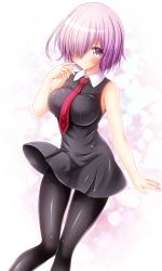 Rule 34 | 1girl, bare arms, bare shoulders, black dress, black pantyhose, breasts, commentary request, dress, fate/grand order, fate (series), feet out of frame, hair over one eye, highres, large breasts, looking at viewer, mash kyrielight, necktie, osashin (osada), pantyhose, purple eyes, purple hair, red necktie, short hair, simple background, sleeveless, sleeveless dress, smile, solo, white background