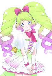 Rule 34 | 1girl, blue eyes, bow, choki2crab, closed mouth, cowboy shot, detached sleeves, dress, frilled dress, frills, gradient hair, green hair, hair bow, highres, idol clothes, laalulu, long hair, looking at viewer, multicolored hair, own hands together, pink bow, pink hair, pretty series, pripara, puffy short sleeves, puffy sleeves, see-through, see-through sleeves, short sleeves, smile, solo, standing, treble clef, twintails, white background, white dress, winding key