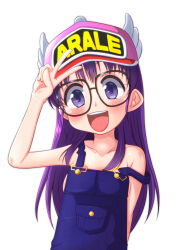 Rule 34 | 1girl, :d, black-framed eyewear, blush, breasts, character name, collarbone, dr. slump, female focus, glasses, hat, highres, long hair, looking at viewer, mary takanashi, no bra, norimaki arale, open mouth, overalls, purple eyes, purple hair, simple background, small breasts, smile, solo, strap slip, tareme, v, white background, winged hat