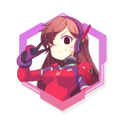 Rule 34 | 1girl, alternate costume, arm up, black eyes, bodysuit, breasts, brown hair, closed mouth, commission, d.va (overwatch), facial mark, fizintine, large breasts, long hair, looking at viewer, one eye closed, overwatch, overwatch 1, simple background, smile, solo, swept bangs, upper body, v
