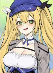 Rule 34 | 1girl, black ribbon, blonde hair, blue background, blue hat, blush, breasts, choker, cleavage, commentary, dokibird (vtuber), dokibird (vtuber) (retro doki), dress, earrings, emu (confisery), gradient background, green background, green eyes, grey jacket, hair between eyes, hat, highres, indie virtual youtuber, jacket, jewelry, large breasts, layered dress, long hair, looking at viewer, open mouth, patreon username, ribbon, signature, simple background, single earring, smile, solo, star (symbol), star choker, symbol-only commentary, teeth, twintails, twitter username, upper body, upper teeth only, virtual youtuber, watermark, white ribbon