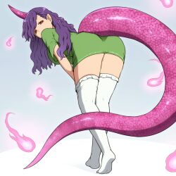 Rule 34 | 1girl, ass, breasts, fire, frilled thighhighs, frills, from behind, green shirt, hitodama, horns, large breasts, long hair, looking at viewer, looking back, monster girl, no shoes, pink fire, pink tail, pointy ears, purple hair, red eyes, shirosato, shirt, short sleeves, single horn, solo, tail, tenkajin chiyari, thick thighs, thighhighs, thighs, touhou, white thighhighs