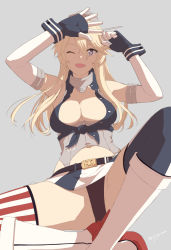 Rule 34 | 10s, 1girl, ;d, armpits, arms up, asymmetrical legwear, bare shoulders, belt, black panties, blonde hair, blue gloves, blue shirt, boots, breasts, buckle, buttons, cleavage, collar, crop top, eight tohyama, elbow gloves, front-tie top, garter straps, gloves, grey hat, hair between eyes, hand on forehead, hat, high heels, highres, iowa (kancolle), kantai collection, knee boots, knee up, large breasts, long hair, looking at viewer, miniskirt, mismatched legwear, navel, one eye closed, open mouth, panties, pantyshot, shirt, simple background, sitting, skirt, sleeveless, sleeveless shirt, smile, solo, spread fingers, spread legs, stomach, striped clothes, striped skirt, striped thighhighs, thighhighs, tsurime, unbuttoned, underwear, vertical-striped clothes, vertical-striped thighhighs, white footwear, wrist cuffs