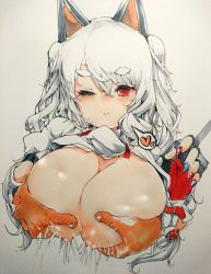 Rule 34 | 1girl, animal ears, azur lane, braid, grabbing another&#039;s breast, breasts squeezed together, breasts, claw pose, clothes lift, commentary, fingerless gloves, gloves, grabbing, hair between eyes, heart, lactation, large breasts, long hair, male hand, multicolored nails, nail polish, nipples, one eye closed, puffy nipples, red eyes, red gloves, sabusupi, shirt, shirt lift, short sleeves, side braid, silver hair, spoken heart, thick eyebrows, traditional media, upper body, white shirt, wolf ears, yuudachi (azur lane)