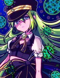 Rule 34 | 1girl, absurdres, alina gray, black bow, black headwear, black necktie, black vest, bow, brooch, chain, collar, cross tie, detached collar, fur cuffs, gem, green gemstone, green hair, hair between eyes, hat, highres, jewelry, lapels, long hair, magia record: mahou shoujo madoka magica gaiden, magical girl, mahou shoujo madoka magica, miniskirt, multicolored clothes, multicolored hair, multicolored skirt, necktie, nonchi art, notched lapels, peaked cap, pleated skirt, puffy short sleeves, puffy sleeves, see-through, see-through sleeves, short sleeves, sidelocks, skirt, sleeve cuffs, straight hair, streaked hair, striped clothes, striped skirt, v-neck, vertical-striped clothes, vertical-striped skirt, vest, waist bow, white collar, white sleeves
