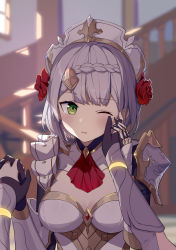 Rule 34 | 2girls, absurdres, armor, armored dress, ascot, bad id, bad pixiv id, black gloves, blurry, blurry background, blush, braid, braided bangs, breasts, flower, gauntlets, genshin impact, gloves, green eyes, grey hair, hair flower, hair ornament, hand on another&#039;s cheek, hand on another&#039;s face, headpat, highres, holding hands, indoors, interlocked fingers, large breasts, lumine (genshin impact), maid, maid headdress, multiple girls, noelle (genshin impact), one eye closed, open mouth, partially fingerless gloves, red ascot, red flower, red rose, rose, wawako mama, yuri