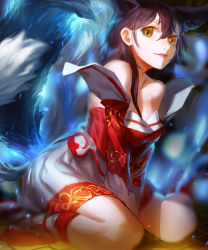 Rule 34 | 1girl, ahri (league of legends), animal ears, bare shoulders, black hair, breasts, brown eyes, daible, detached sleeves, highres, korean clothes, league of legends, lips, long hair, looking at viewer, multiple tails, sitting, smile, solo, tail, traditional clothes, wariza