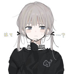 Rule 34 | 1girl, ?, black nails, black ribbon, black sweater, blue eyes, closed mouth, commentary, grey hair, hair ribbon, long sleeves, looking to the side, low twintails, nail polish, original, ribbon, sidelocks, simple background, striped clothes, striped sweater, sweat, sweater, twintails, upper body, uzu (uzu xon), white background
