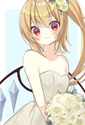Rule 34 | 1girl, alternate costume, bare shoulders, blonde hair, blush, bouquet, closed mouth, commentary, crystal, dress, fang, flandre scarlet, flower, hair flower, hair ornament, highres, holding, holding bouquet, looking at viewer, one side up, red eyes, side ponytail, skin fang, solo, strapless, strapless dress, touhou, wedding dress, white flower, wings, yuineko