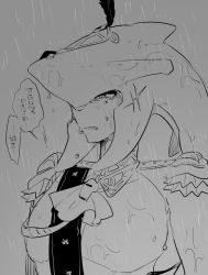 Rule 34 | 1boy, ascot, commentary request, feather hair ornament, feathers, fins, fish boy, grey background, greyscale, hair ornament, highres, jewelry, long hair, male focus, monochrome, monster boy, nintendo, rain, sad, sidon, the legend of zelda, the legend of zelda: breath of the wild, translation request, ttanuu., upper body, zora