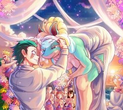 5boys 6+girls absurdres all_might applause asui_tsuyu blonde_hair blue_eyes boku_no_hero_academia breasts character_request closed_eyes colored_skin dress flirting flower furry green_hair green_skin hanging_breasts highres ippan_josei looking_at_another midoriya_inko midoriya_izuku mineta_minoru multiple_boys multiple_girls ocean scar scar_across_eye size_difference smile sun sunset tagme tall_female uraraka_ochako veil vlizzyvlizz117 wedding wedding_dress yaoyorozu_momo