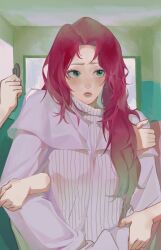 Rule 34 | 1girl, blush, chinese commentary, colored tips, gradient hair, green eyes, green hair, hallway, highres, holding, holding another&#039;s arm, holding stethoscope, indoors, k-pop, long hair, looking to the side, mamamoo, multicolored hair, nanwanklae, parted lips, procreate (medium), purple sweater, real life, red hair, solo focus, stethoscope, sweater, wheein (mamamoo)