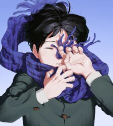 Rule 34 | 1boy, black hair, blue scarf, blue sky, bowl cut, closed mouth, floating hair, floating scarf, frown, gakuran, gradient background, hand over face, hands up, highres, kageyama shigeo, long sleeves, male focus, mob psycho 100, nanigaoka, one eye covered, scarf, school uniform, shading eyes, short hair, sky, solo, upper body, wind