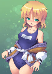 Rule 34 | 1girl, arm warmers, blonde hair, blush, breasts, cowboy shot, green background, green eyes, kurogarasu, looking at viewer, mizuhashi parsee, name tag, old school swimsuit, one-piece swimsuit, open mouth, pointy ears, school swimsuit, short hair, small breasts, solo, standing, swimsuit, swimsuit under clothes, touhou