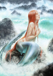 Rule 34 | 1girl, closed eyes, commentary, facing to the side, fantasy, fins, fish tail, from side, hair censor, long hair, mermaid, monster girl, ocean, on rock, open mouth, original, red hair, rock, sitting, sitting on rock, solo, tail, tkg ji, very long hair, waves