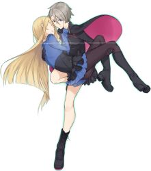 Rule 34 | 2girls, ange (princess principal), asymmetrical hair, black cape, black footwear, black gloves, black legwear, black skirt, blonde hair, blue eyes, blue skirt, braid, cape, carrying, cross-laced footwear, closed eyes, frills, glint, gloves, grey hair, hand on another&#039;s cheek, hand on another&#039;s face, long hair, multiple girls, pantyhose, princess, princess (princess principal), princess carry, princess principal, saruno (eyesonly712), skirt, standing, standing on one leg, very long hair, yuri