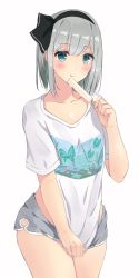 Rule 34 | 1girl, alternate costume, black hairband, blouse, bug, butterfly, closed mouth, collarbone, contemporary, food, green eyes, grey hair, grey shorts, hairband, highres, insect, konpaku youmu, looking at viewer, loungewear, popsicle, sakuramochi usa, shirt, shirt hold, short hair, short sleeves, shorts, simple background, smile, solo, t-shirt, tongue, tongue out, touhou, white background, white shirt