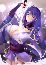 Rule 34 | 1girl, absurdres, bare shoulders, braid, breasts, cleavage, detached collar, genshin impact, hair ornament, highres, japanese clothes, kasumi saika, kimono, large breasts, long hair, long sleeves, looking at viewer, low-braided long hair, low-tied long hair, mole, mole under eye, obi, off shoulder, purple eyes, purple hair, purple kimono, raiden shogun, sash, solo, thighs, wide sleeves