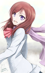 Rule 34 | 10s, 1girl, :d, brown hair, dated, highres, jacket, kem kem, long sleeves, looking at viewer, looking to the side, love live!, love live! school idol festival, love live! school idol project, nishikino maki, open mouth, purple eyes, purple scarf, red hair, scarf, short hair, signature, smile, solo, white jacket