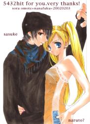 Rule 34 | 1boy, 1girl, alternate costume, arm around waist, arm up, artist request, bare arms, bare shoulders, beanie, black eyes, black hair, black shirt, blonde hair, blue eyes, breasts, camisole, character name, closed mouth, denim, dress, earrings, english text, engrish text, expressionless, facial mark, facing viewer, genderswap, genderswap (mtf), hand on own hip, hand up, hat, jewelry, long hair, long sleeves, looking at viewer, matching hair/eyes, medium breasts, naruko (naruto), naruto, naruto (series), one-armed hug, orange dress, parted lips, piercing, ranguage, scarf, shirt, short hair, simple background, sleeveless, sleeveless dress, standing, twintails, uchiha sasuke, upper body, uzumaki naruto, very long hair, whisker markings, whiskers, white background