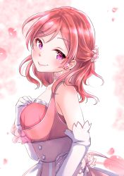 Rule 34 | 1girl, absurdres, breasts, choker, closed mouth, earrings, elbow gloves, from side, gloves, hair between eyes, high-waist skirt, highres, jewelry, kobayashi nyoromichi, long hair, looking at viewer, love live!, love live! school idol project, medium breasts, nishikino maki, pink eyes, red hair, skirt, sleeveless, smile, solo, striped clothes, striped skirt, vertical-striped clothes, vertical-striped skirt, white gloves, white skirt