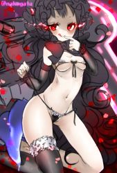 Rule 34 | 10s, 1girl, abyssal ship, black bra, black hair, black panties, black thighhighs, bonnet, bow, bra, breasts, cleavage, colored skin, finger to mouth, front-tie top, glowing, glowing eyes, gothic lolita, groin, isolated island oni, kantai collection, kneeling, lolita fashion, long hair, micro bra, navel, panties, pantyshot, petals, red eyes, side-tie panties, single thighhigh, small breasts, smile, solo, thighhighs, togata, tongue, tongue out, twitter username, underboob, underwear, underwear only, very long hair, white skin