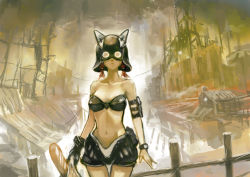 Rule 34 | 1girl, absurdres, animal ears, armband, bag, baguette, bandeau, bare shoulders, black gloves, bread, breasts, covered eyes, cowboy shot, fake animal ears, fence, food, gloves, helmet, helmet over eyes, highres, holding, holding bag, industrial, looking at viewer, mask, medium breasts, midriff, navel, okuto, original, outdoors, puffy shorts, red hair, shack, shorts, single glove, sketch, solo, standing, strapless top, studded gloves, twintails, underground, wristband