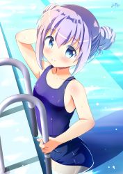 Rule 34 | 1girl, alternate hairstyle, blue hair, commentary request, cowboy shot, double bun, from above, gochuumon wa usagi desu ka?, hair bun, highres, inakami, kafuu chino, light blue hair, long hair, looking at viewer, outdoors, partially submerged, pool, pool ladder, poolside, school swimsuit, signature, smile, solo, standing, swimsuit, water