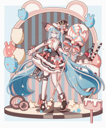 1girl absurdres animal_balloon balloon bg5120 blue_bow blue_eyes blue_hair blue_nails blue_ribbon border bow candy cherry commentary_request doughnut dress food fruit full_body hat hatsune_miku highres holding holding_candy holding_food holding_lollipop ice_cream icing lace_trim lollipop long_hair looking_ahead multicolored_hair multiple_thigh_straps nail_polish open_mouth pastel_colors pink_bow pink_ribbon pink_streaks ribbon solo sparkle sprinkles star_(symbol) streaked_hair striped_background swirl_lollipop twintails very_long_hair vocaloid wafer_stick white_border witch_hat wrapped_candy wrist_cuffs yellow_bow yellow_ribbon