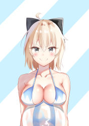 Rule 34 | :&gt;, absurdres, ahoge, ball, bare shoulders, beachball, bikini, black bow, black eyes, blonde hair, blush, bow, breast lift, breasts, cleavage, closed mouth, collarbone, fate/grand order, fate (series), hair between eyes, hair bow, highres, looking at viewer, medium breasts, okita souji, okita souji (fate), okita souji (koha-ace), short hair, smug, striped, striped background, swimsuit, two-tone background, upper body, v-shaped eyebrows, yashima roi