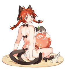 Rule 34 | 1girl, animal ears, arm support, ball, bare shoulders, beachball, bikini, cat ears, fang, from behind, indian style, jpeg artifacts, kaenbyou rin, long hair, looking at viewer, looking back, multiple tails, red hair, reiuji utsuho, sitting, smile, solo, starshadowmagician, swimsuit, tail, touhou, white background, white bikini