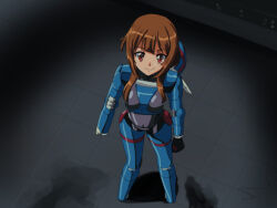 1girl anime_coloring armor arms_at_sides brown_hair bubblegum_crisis canadawbd cosplay full_body hardsuit helmet kono_subarashii_sekai_ni_shukufuku_wo! looking_at_viewer megumin power_armor priscilla_asagiri priscilla_asagiri_(cosplay) red_eyes retro_artstyle science_fiction smile solo standing unworn_headwear unworn_helmet