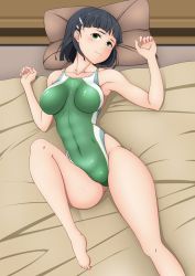 Rule 34 | 10s, 1girl, barefoot, bed, black hair, bob cut, collarbone, competition swimsuit, covered navel, green eyes, green one-piece swimsuit, hair ornament, hairclip, highres, impossible clothes, impossible swimsuit, inamochi keiichirou, kirigaya suguha, lying, one-piece swimsuit, pillow, short hair, smile, solo, swimsuit, sword art online