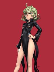 Rule 34 | 1girl, absurdres, ahoge, bare legs, breasts, covered navel, curly hair, green eyes, green hair, hand on own hip, highres, juan romero, legs, long sleeves, one-punch man, pelvic curtain, red background, short hair, simple background, small breasts, solo, standing, tatsumaki, thighs