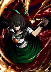 Rule 34 | 1girl, black hair, bow, breasts, cape, female focus, fire, from above, hair bow, lefthand, long hair, red eyes, reiuji utsuho, revision, solo, touhou, wings