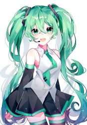 Rule 34 | 1girl, bad id, bad pixiv id, cowboy shot, detached sleeves, green eyes, green hair, hatsune miku, headset, highres, long hair, looking at viewer, nail polish, necktie, open mouth, patzzi, skirt, solo, thighhighs, twintails, very long hair, vocaloid, white background