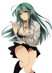 Rule 34 | 1girl, asuna (i luv), bad id, bad pixiv id, bra, breasts, breasts squeezed together, cleavage, frown, green eyes, green hair, jewelry, large breasts, long hair, matching hair/eyes, necklace, open clothes, open shirt, original, pleated skirt, shirt, simple background, skirt, solo, thighs, underwear, white background