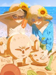 Rule 34 | 2boys, absurdres, arm up, basil (faraway) (omori), basil (omori), beach, black eyes, black hair, blonde hair, blue eyes, blush, bright pupils, collarbone, day, flower, hat, hat flower, highres, hood, hoodie, lifejam 403, long sleeves, male focus, multiple boys, no nose, omori, open mouth, outdoors, parted lips, pluto (omori), skinny, smile, spoilers, sprout mole, sun hat, sunflower, sunny (omori), topless male, water, white pupils